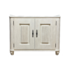 White-painted wooden cabinet with two paneled doors and decorative black metal handles on a flat background