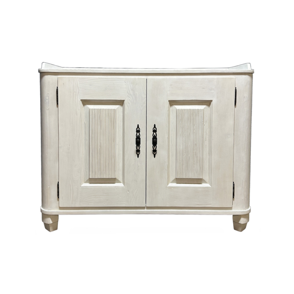 White-painted wooden cabinet with two paneled doors and decorative black metal handles on a flat background