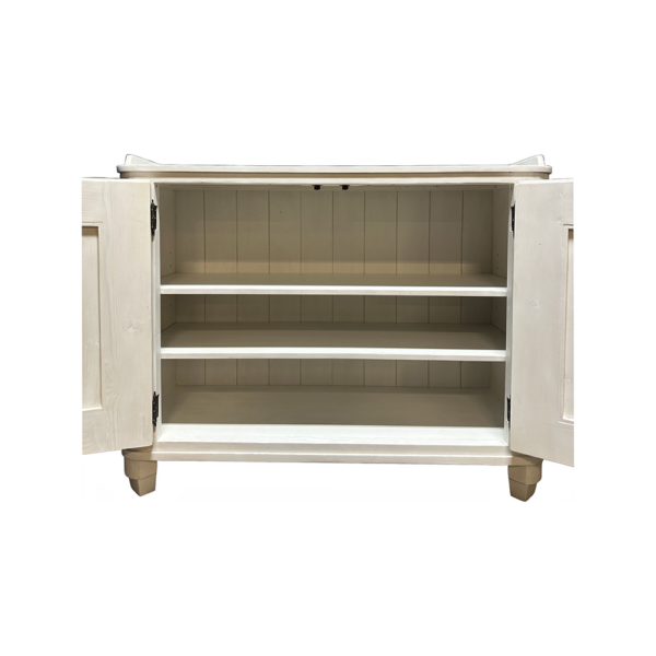 White wooden cabinet with two doors open, revealing three interior shelves and a beadboard back.