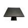 Dark wooden rectangular table with a triangular pedestal base, viewed from a low angle.