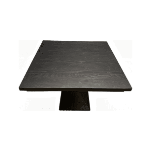Dark wooden rectangular table with a triangular pedestal base, viewed from a low angle.