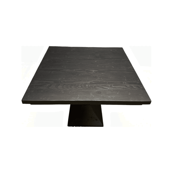 Dark wooden rectangular table with a triangular pedestal base, viewed from a low angle.