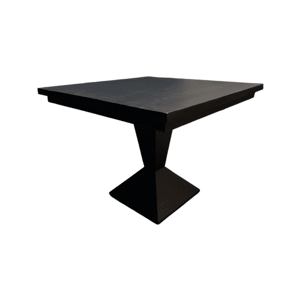 Black square-table with a square top and a single pedestal base on a white background.