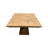 Rectangular wooden table with a geometric pedestal base on a white background