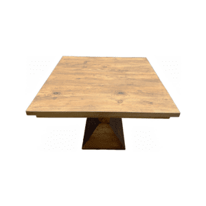 Rectangular wooden table with a geometric pedestal base on a white background
