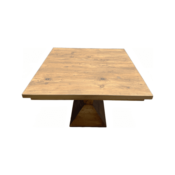Rectangular wooden table with a geometric pedestal base on a white background