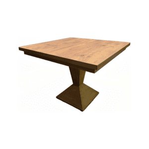 Wooden square pedestal dining table with a single central angled leg on a square base, light brown finish