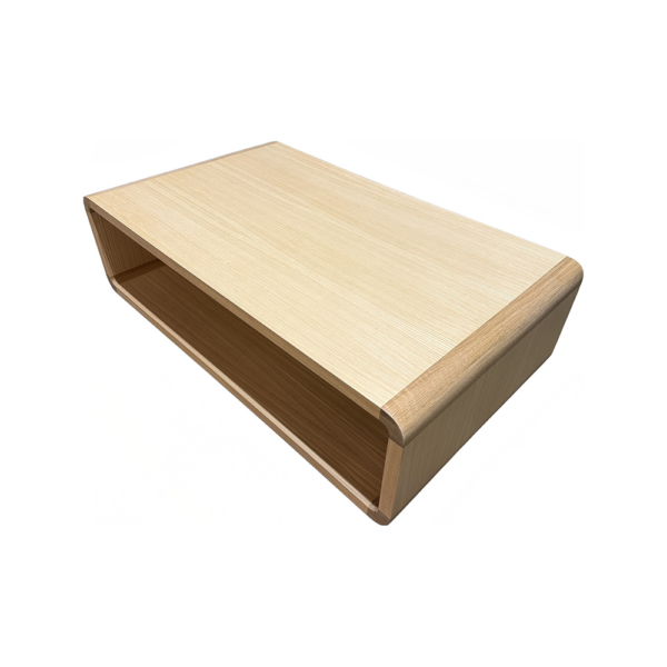 Light wood rectangular shelf with rounded ends and an open front compartment (open storage).
