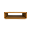 Wooden low-profile coffee table with an open central shelf and rounded edges, light oak finish