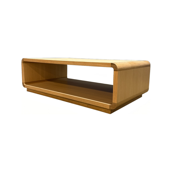 Wooden minimalist coffee table with rounded edges and an open lower shelf under the top surface.