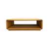 Low-profile wooden coffee table with rounded edges and an open storage shelf underneath