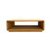 Wooden low coffee table with an open front storage shelf and rounded corners.