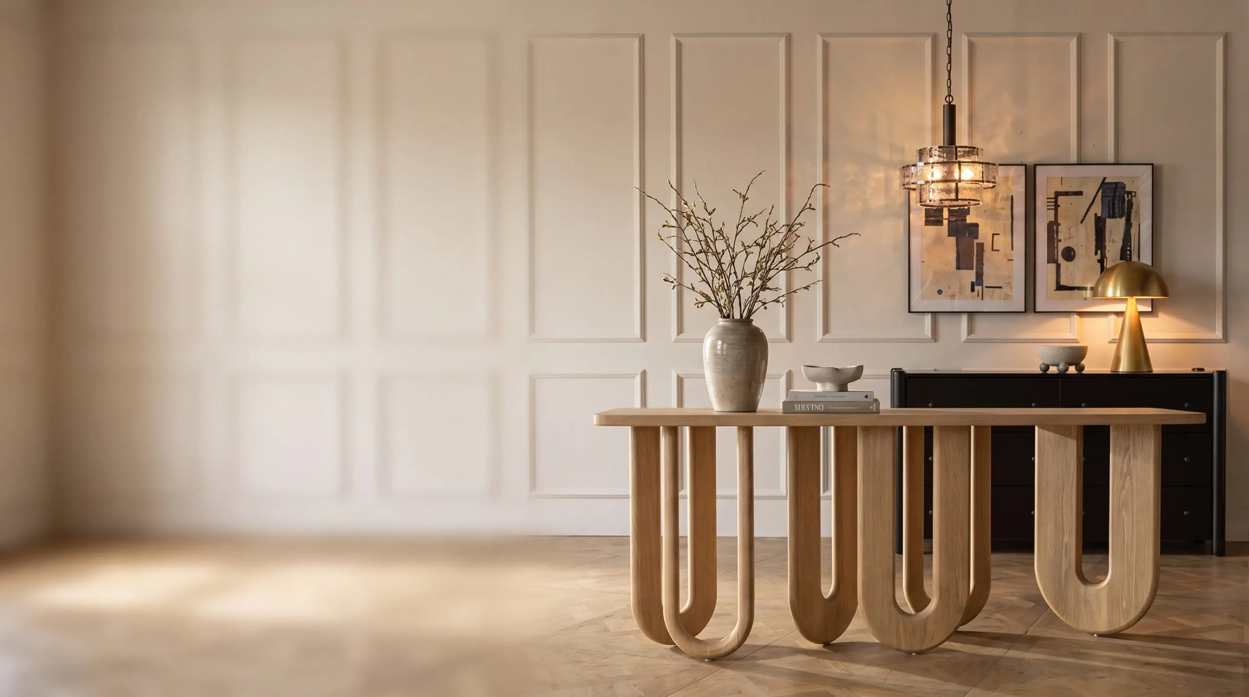 Custom white oak console in a refined interior